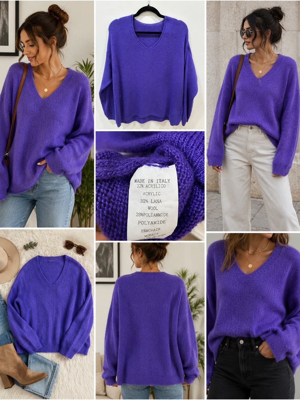 Made In Italy Mohair Wool Blend Sweater Purple V Neck Oversized Fuzzy Knit OS